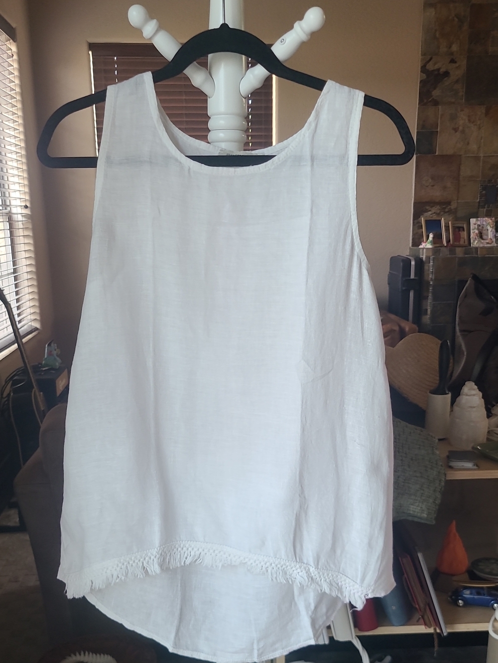 Women's White Linen Fringe-Hem Tank Top